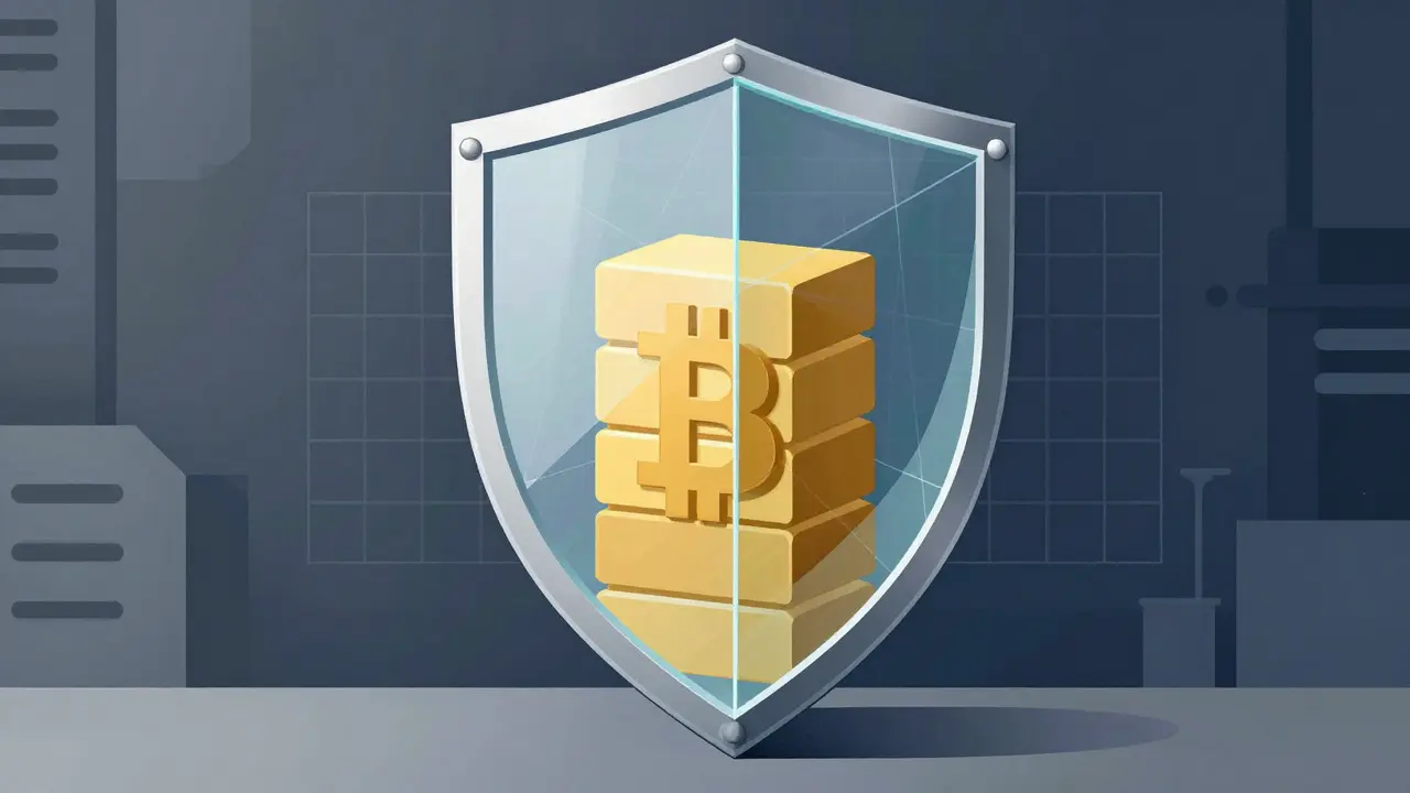 Geometric art showing a protective shield over Bitcoin blocks, symbolizing security.