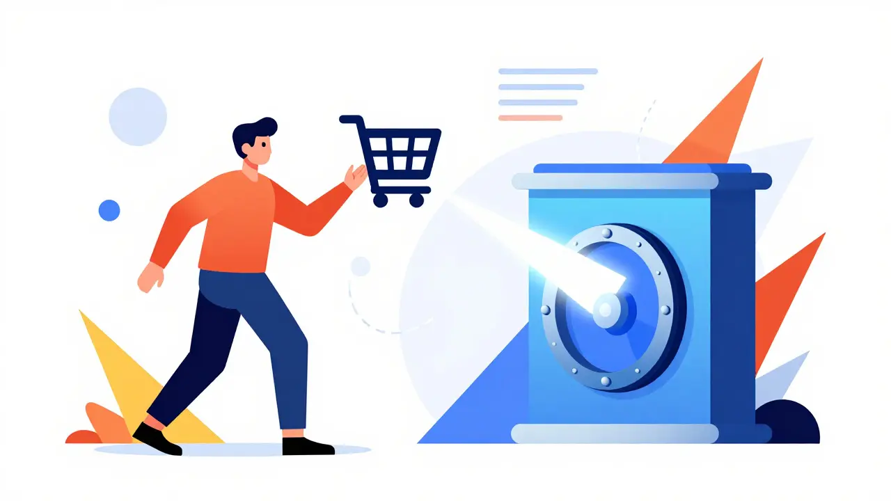 Geometric cartoon showing instant credit approval at checkout in a bold, abstract style