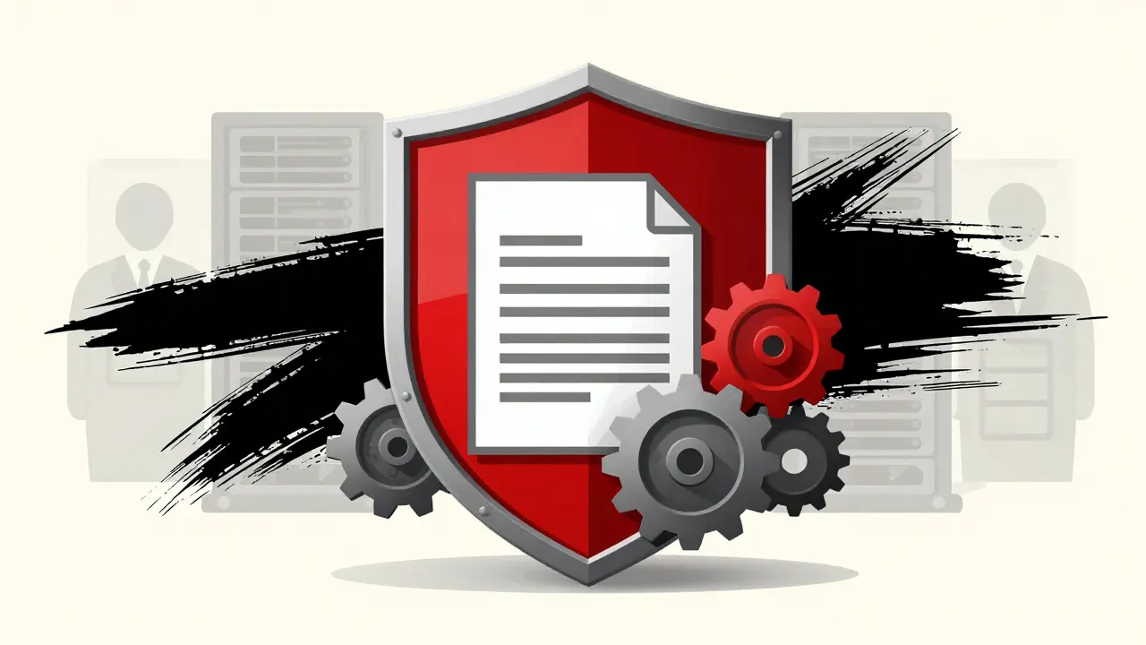 Geometric gears forming a shield around a document, erasing background user profiles for privacy.