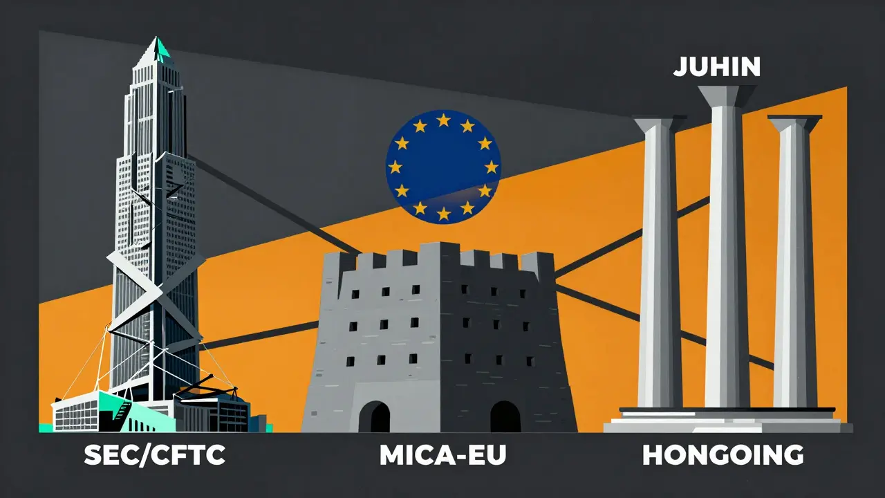 Geometric illustration comparing US, EU, and Asian crypto regulations