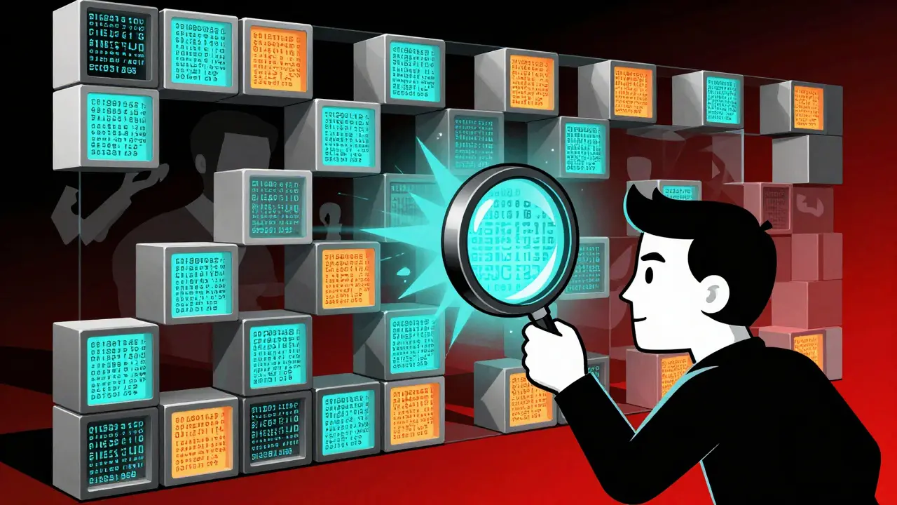 Geometric illustration of a secure, transparent blockchain wall being inspected