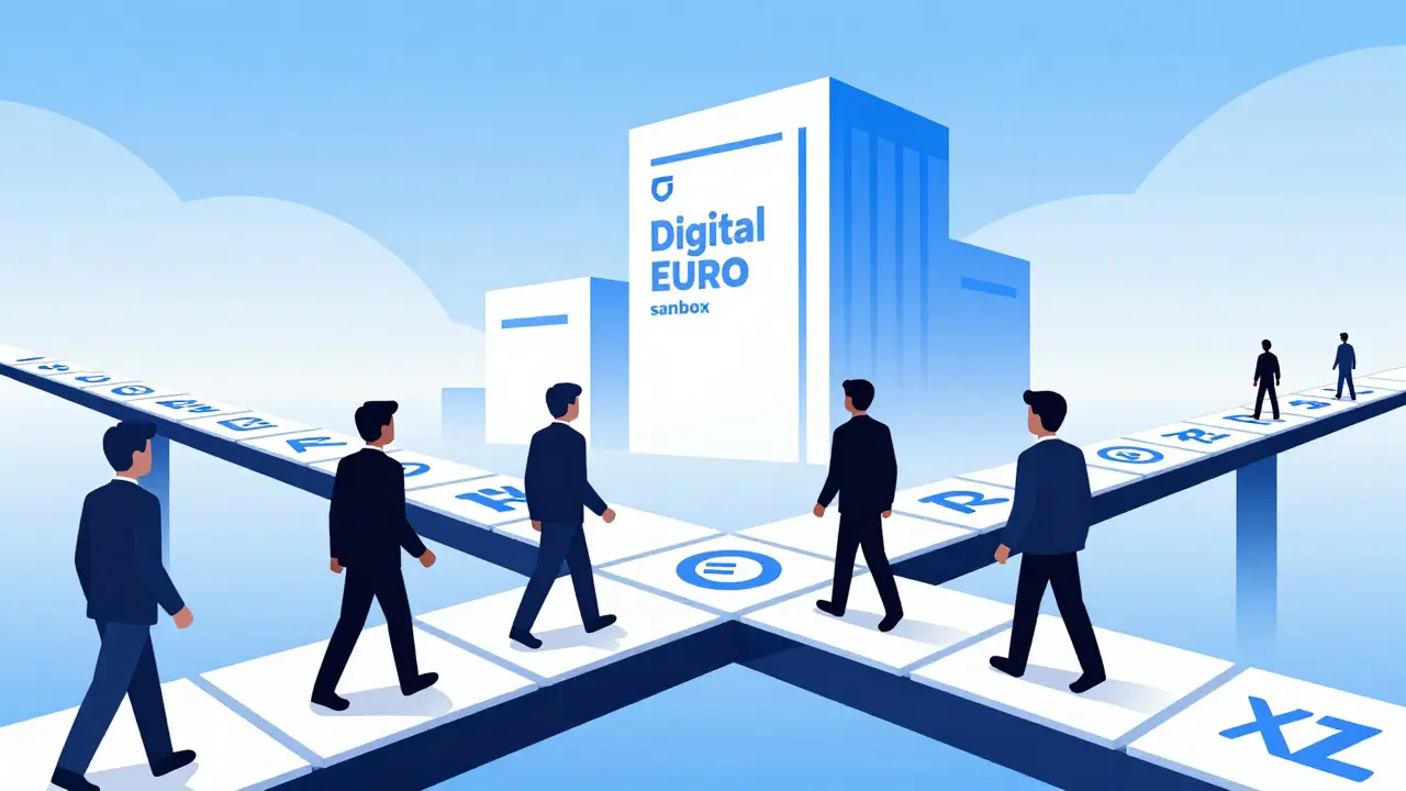 Geometric illustration of digital euro bridge and crypto trade
