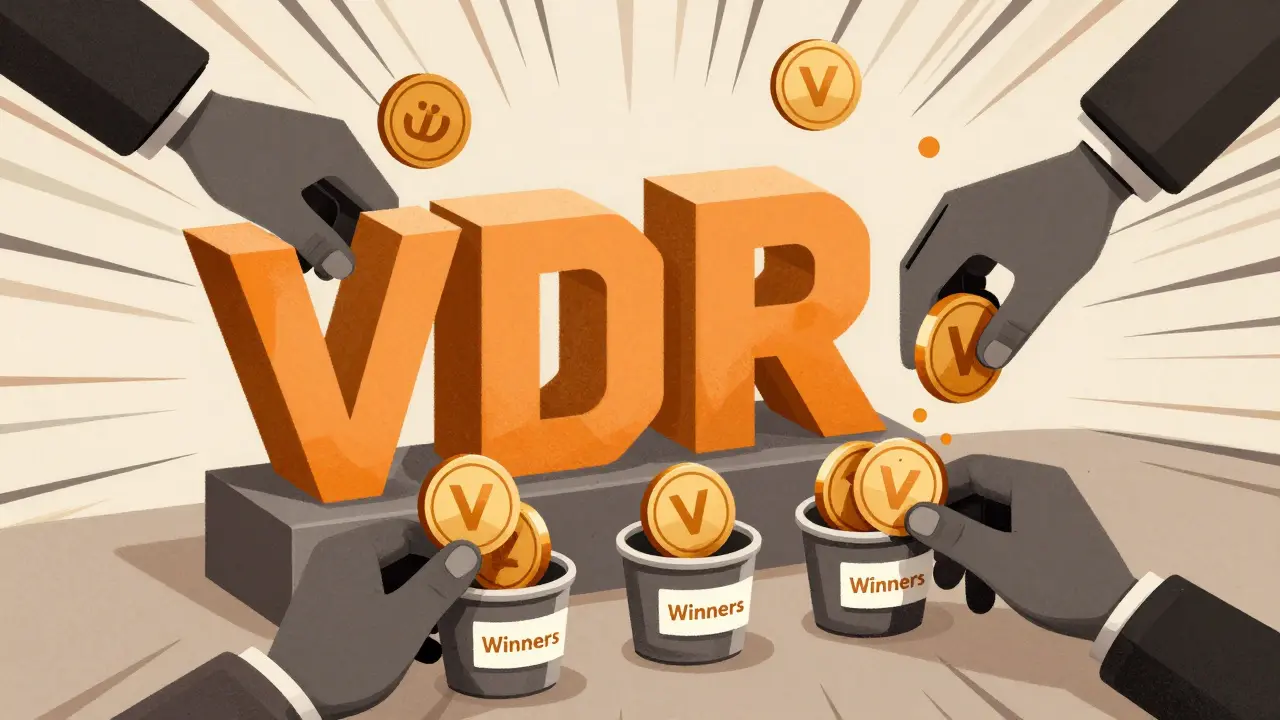 Geometric illustration of tokens being distributed to winners