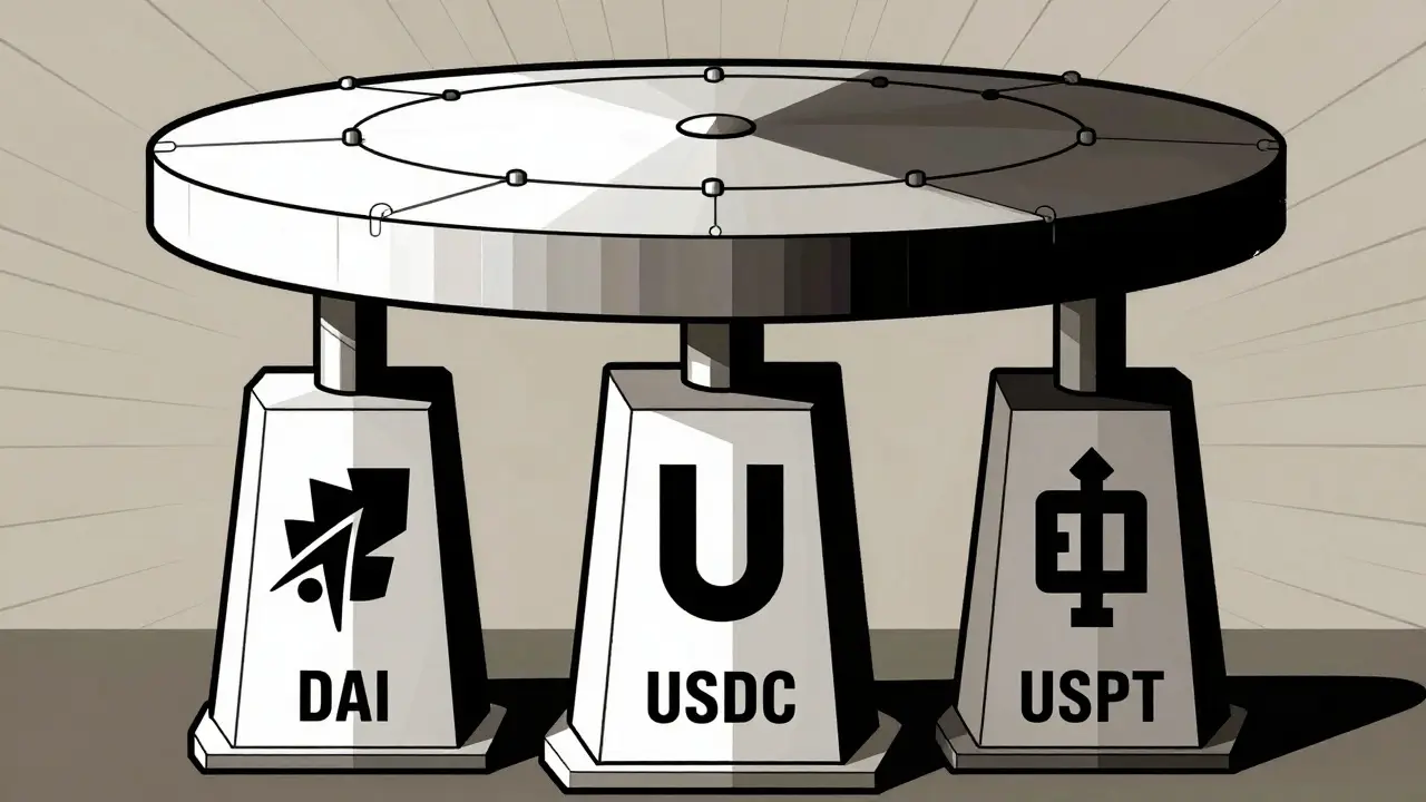 Geometric pillars representing DAI, USDC, and USDT backing OUSD