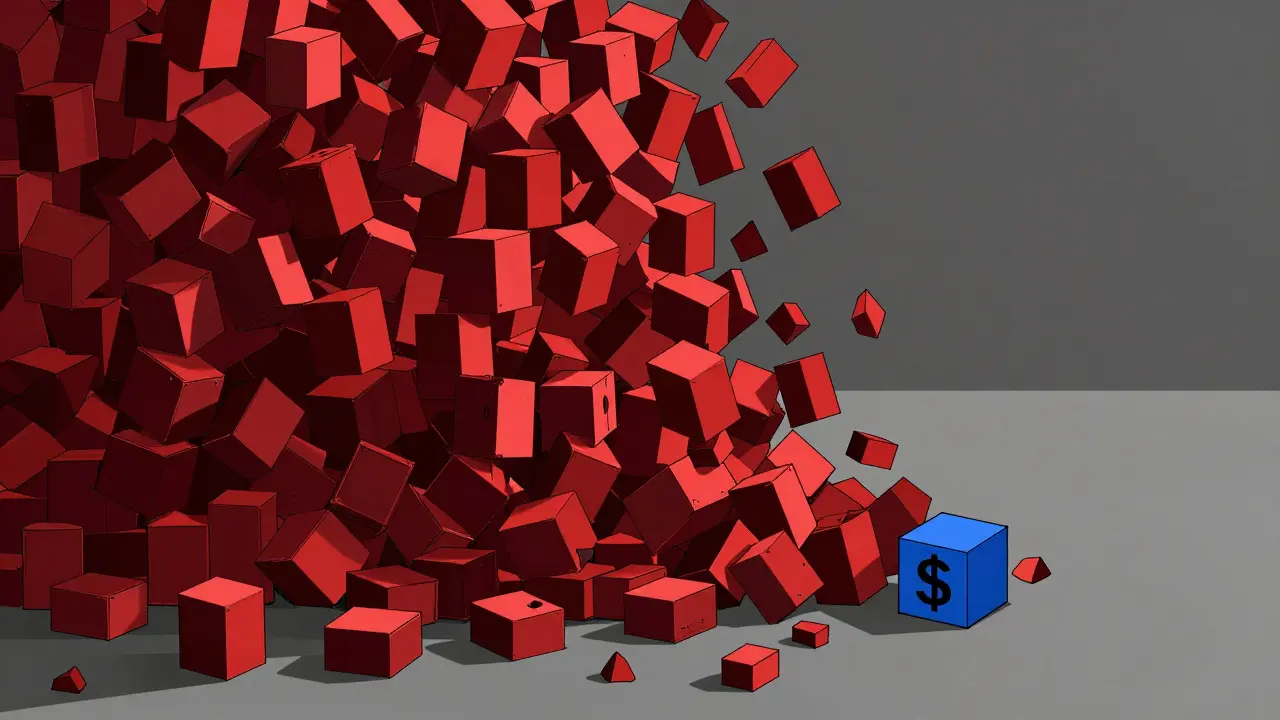 Geometric red blocks crushing a dollar sign, illustrating massive token supply