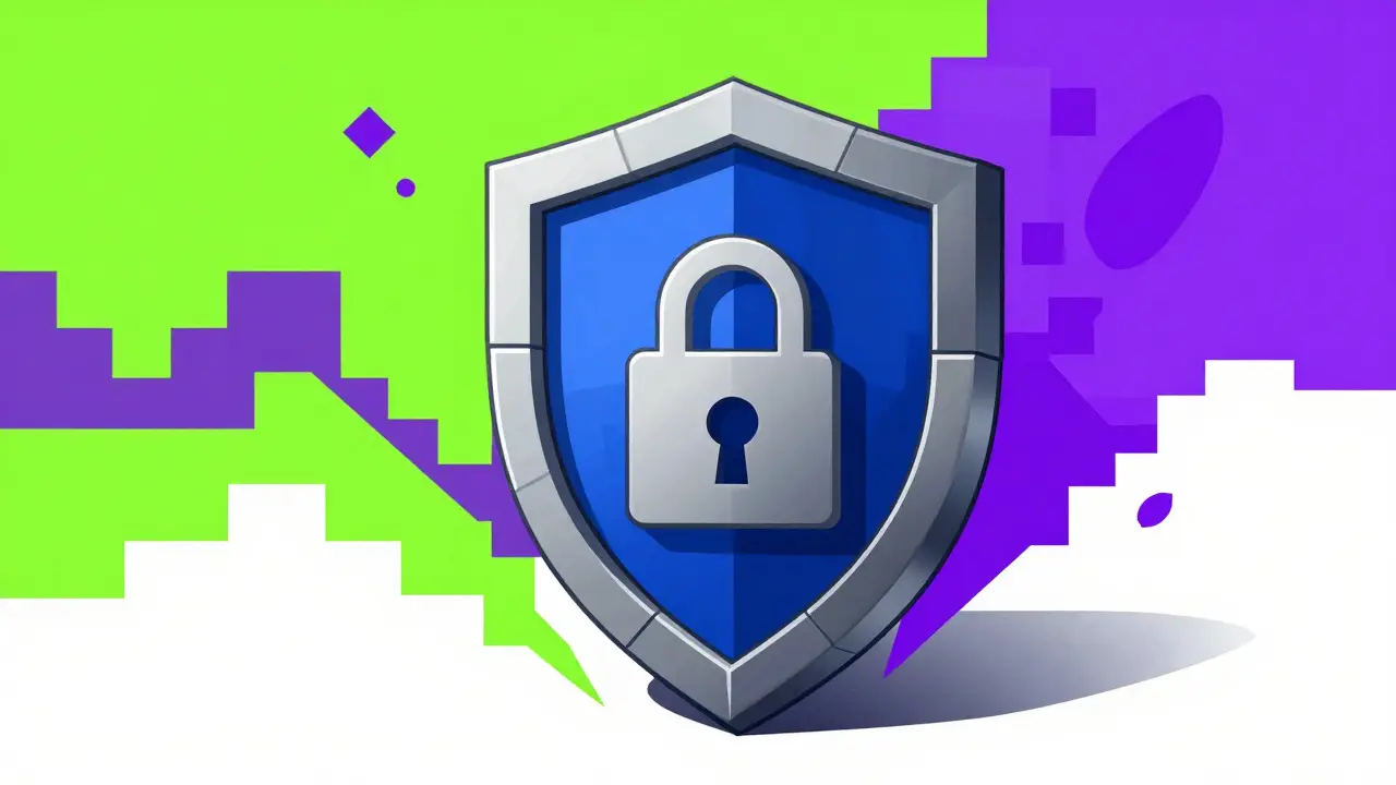 Geometric shield blocking malicious crypto contracts in illustration style