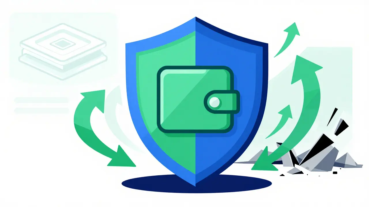 Geometric shield protecting a crypto wallet from chaotic threats.