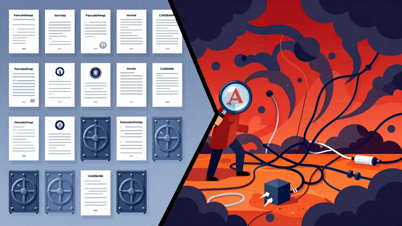 Illustration contrasting secure, verified crypto projects on the left with chaotic, dangerous obscurity on the right.