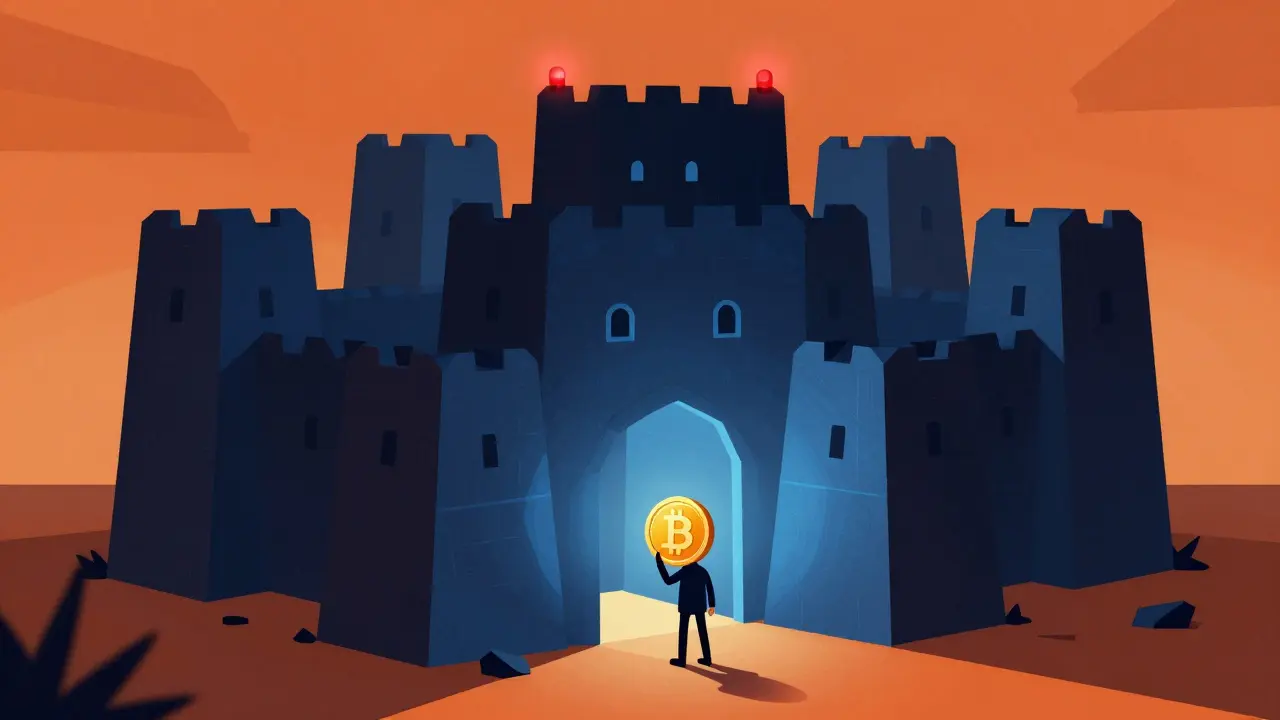 Illustration of a dark opaque fortress representing crypto risk