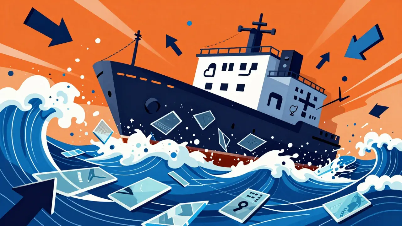 Illustration of a financial ship navigating volatile, fragmented blockchain market waves.