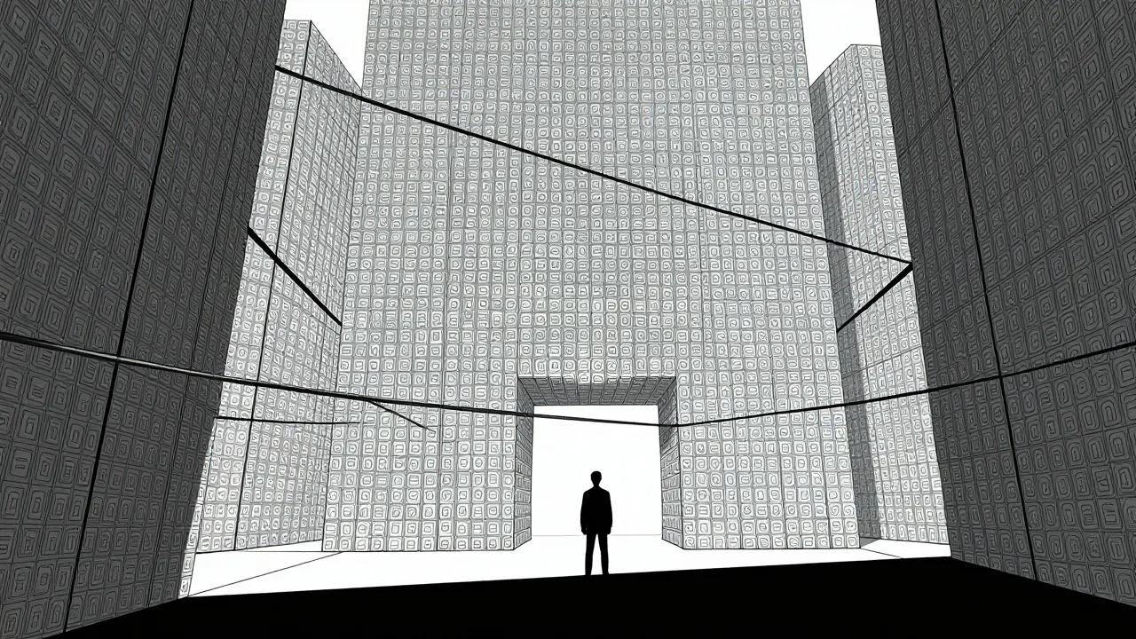 Illustration of a person facing a massive wall of worthless crypto tokens
