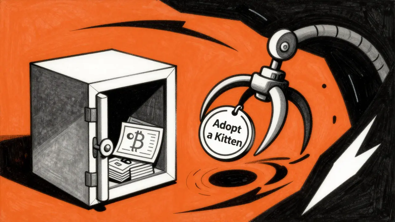 Illustration of a wallet being drained by a mechanical scam claw.