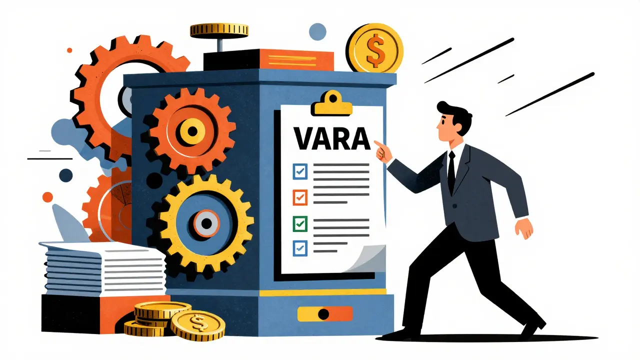 Illustration of man navigating complex VARA licensing machinery