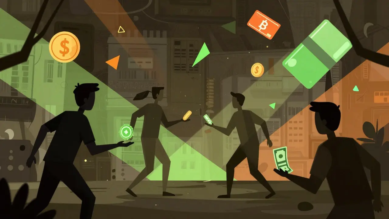 Illustration of P2P crypto exchanges happening in shadowy, risky environments.