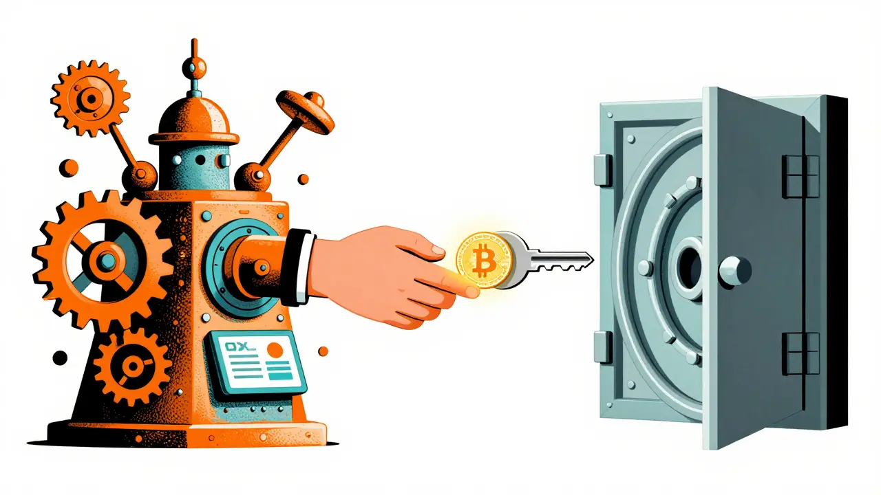 Illustration of transferring Bitcoin from a complex exchange machine to a secure key.