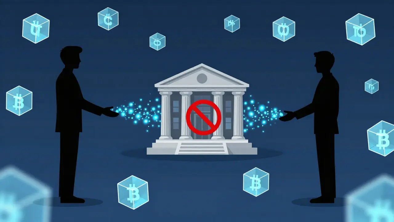 Illustration of two people trading crypto directly, bypassing a blocked central bank building.
