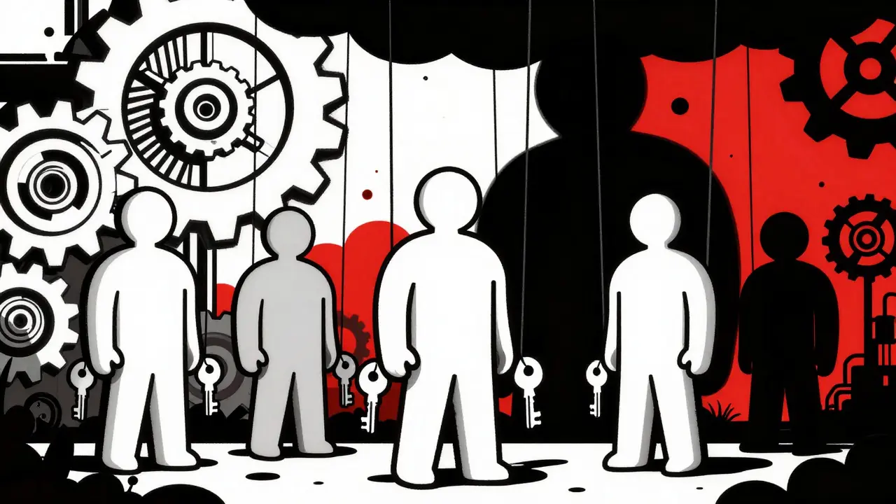 Illustration of validators being controlled by shadows, symbolizing compromise.
