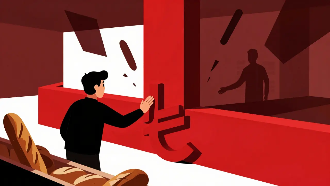 Illustration showing a banned crypto payment at a shop with a red barrier blocking the transaction.