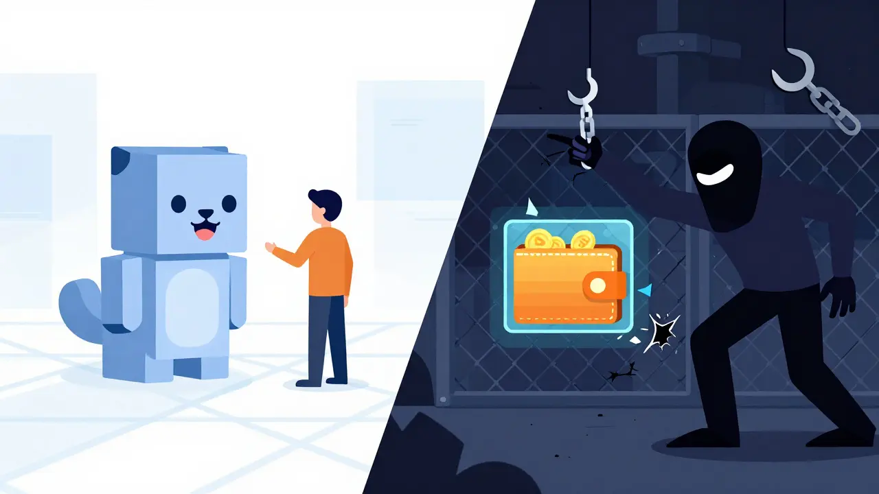 Illustration showing safe virtual pet gameplay versus a dark figure stealing a digital wallet.