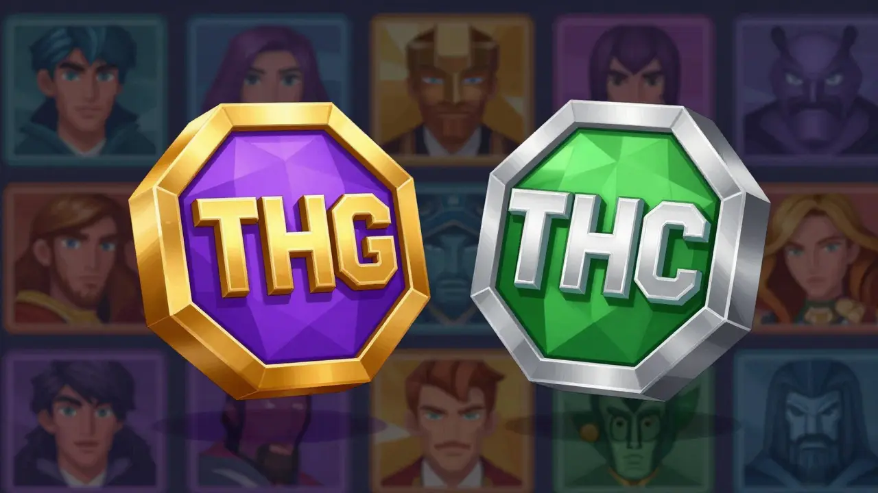 Illustration showing THG and THC tokens as geometric shapes with NFT hero skin tiers.