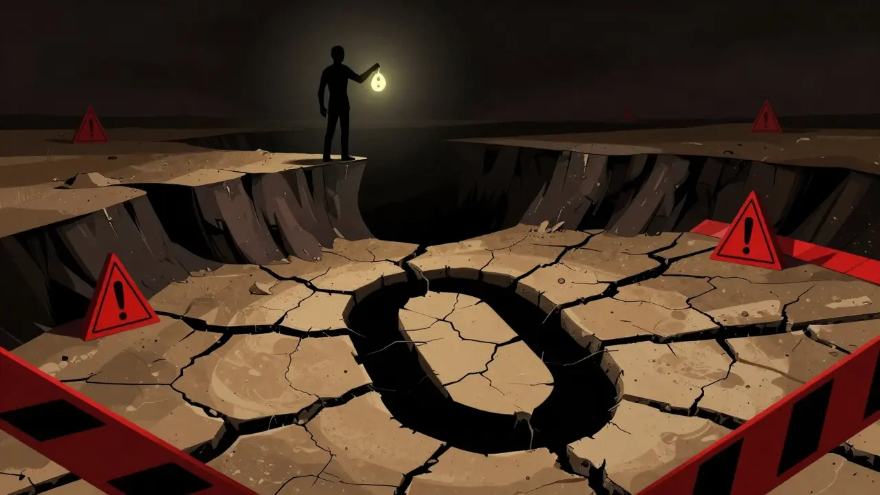 Lone figure overlooking dry abyss, symbolizing zero liquidity and crypto risk