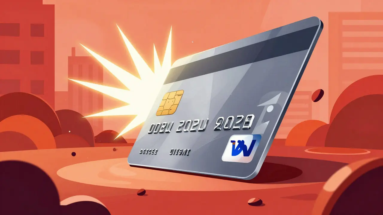 Stylized debit card cutting through slow banking delays in constructivist style