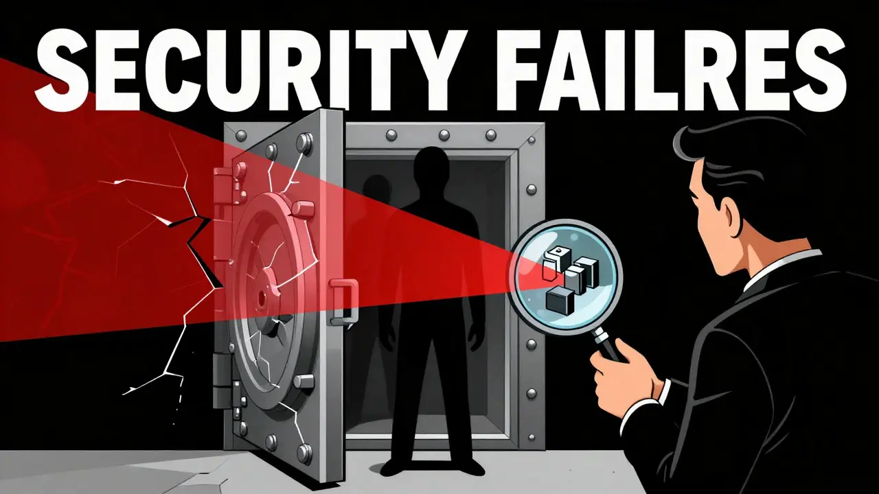 Stylized illustration of security flaws and anonymous team in dark vault