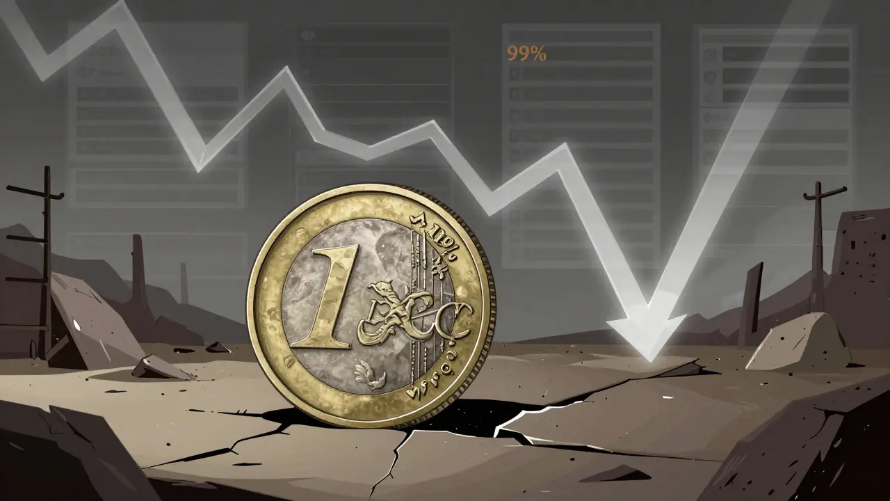 Stylized illustration showing the decline of Eurocoin with cracked coins and muted industrial tones.