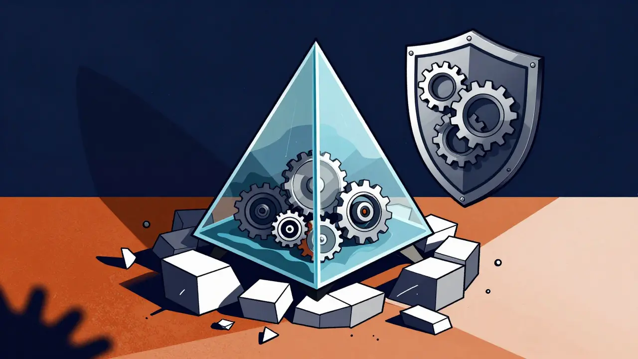 Stylized image of a fragile glass pyramid balancing on unstable blocks with a protective gear shield.