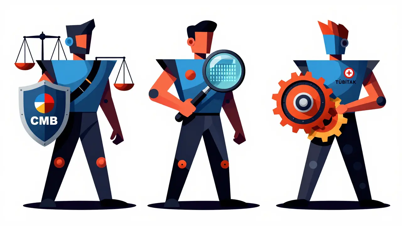 Three stylized figures representing Turkey's crypto regulatory bodies in constructivist art.