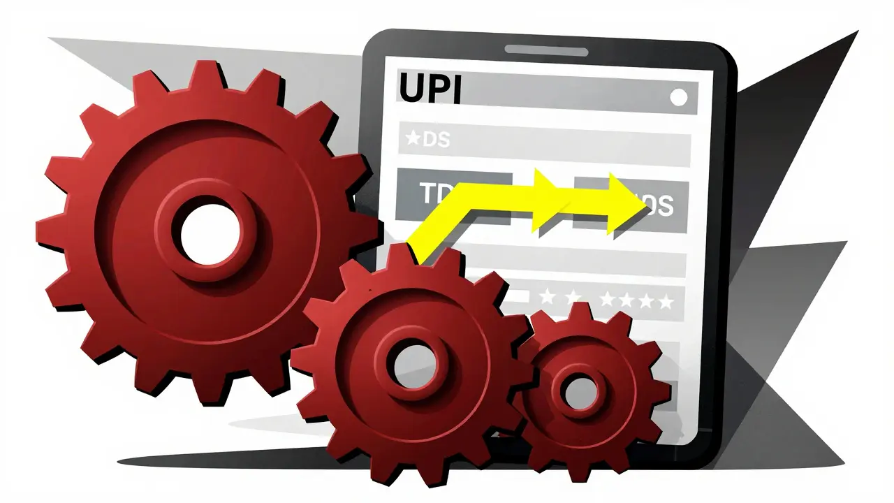 Abstract constructivist art showing gears for taxes and UPI payment flows in bold red and yellow.