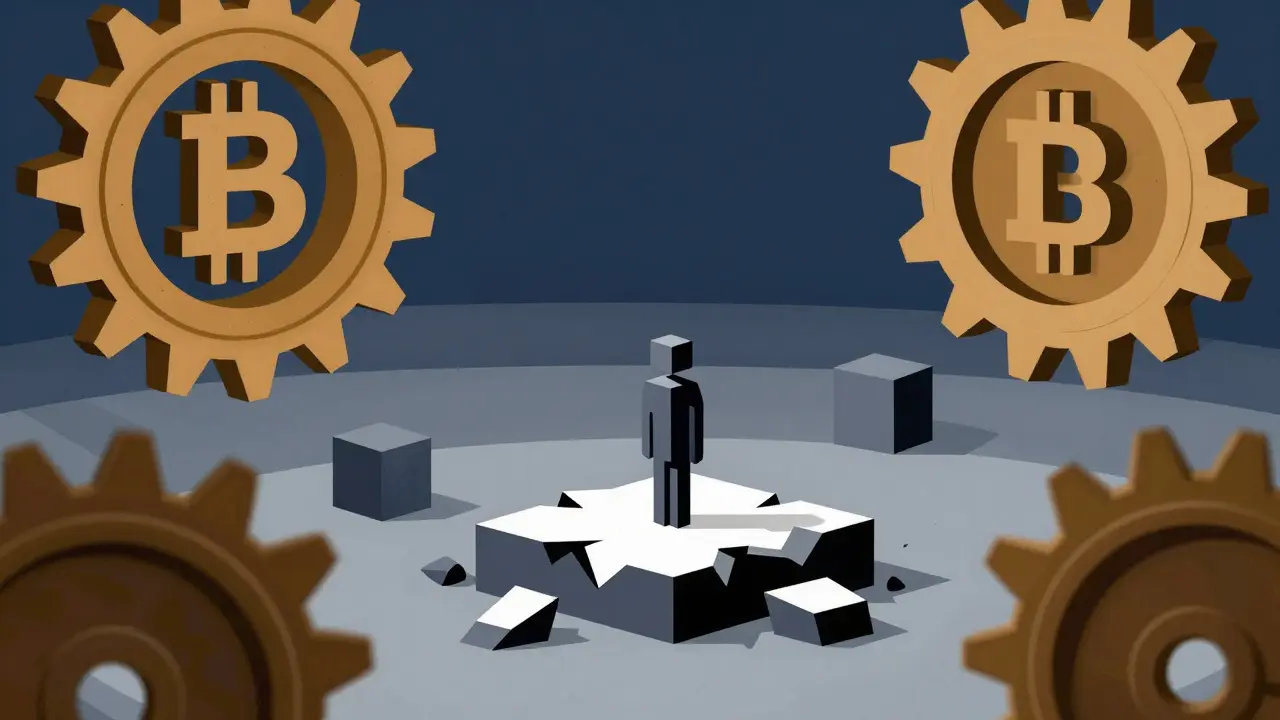 Abstract constructivist art showing isolated trader on crumbling platform