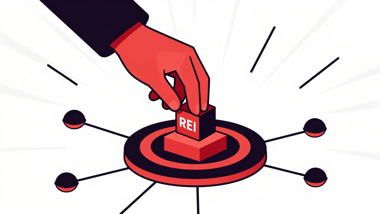 Abstract constructivist design depicting REI token staking for zero fees