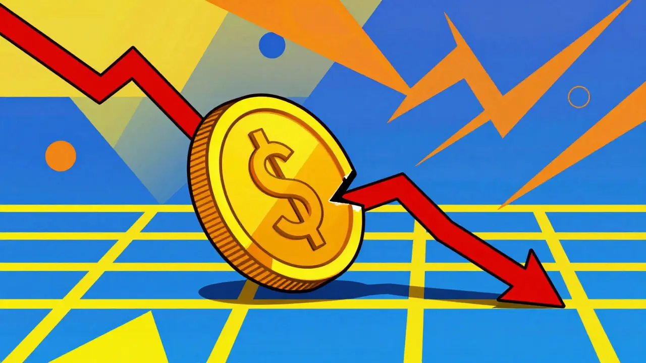Abstract constructivist illustration of a falling coin amidst jagged market lines.