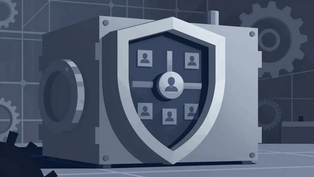 Abstract constructivist illustration of secure crypto vault with geometric shields and gears