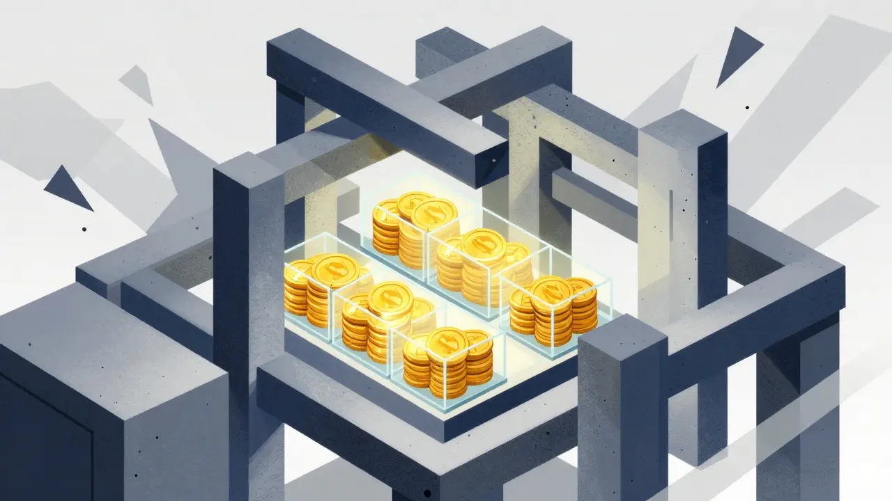 Abstract illustration of secure crypto funds within a rigid regulatory structure