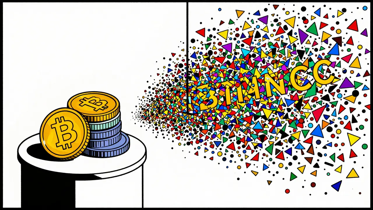 Constructivist art comparing limited local crypto coins vs global exchange variety
