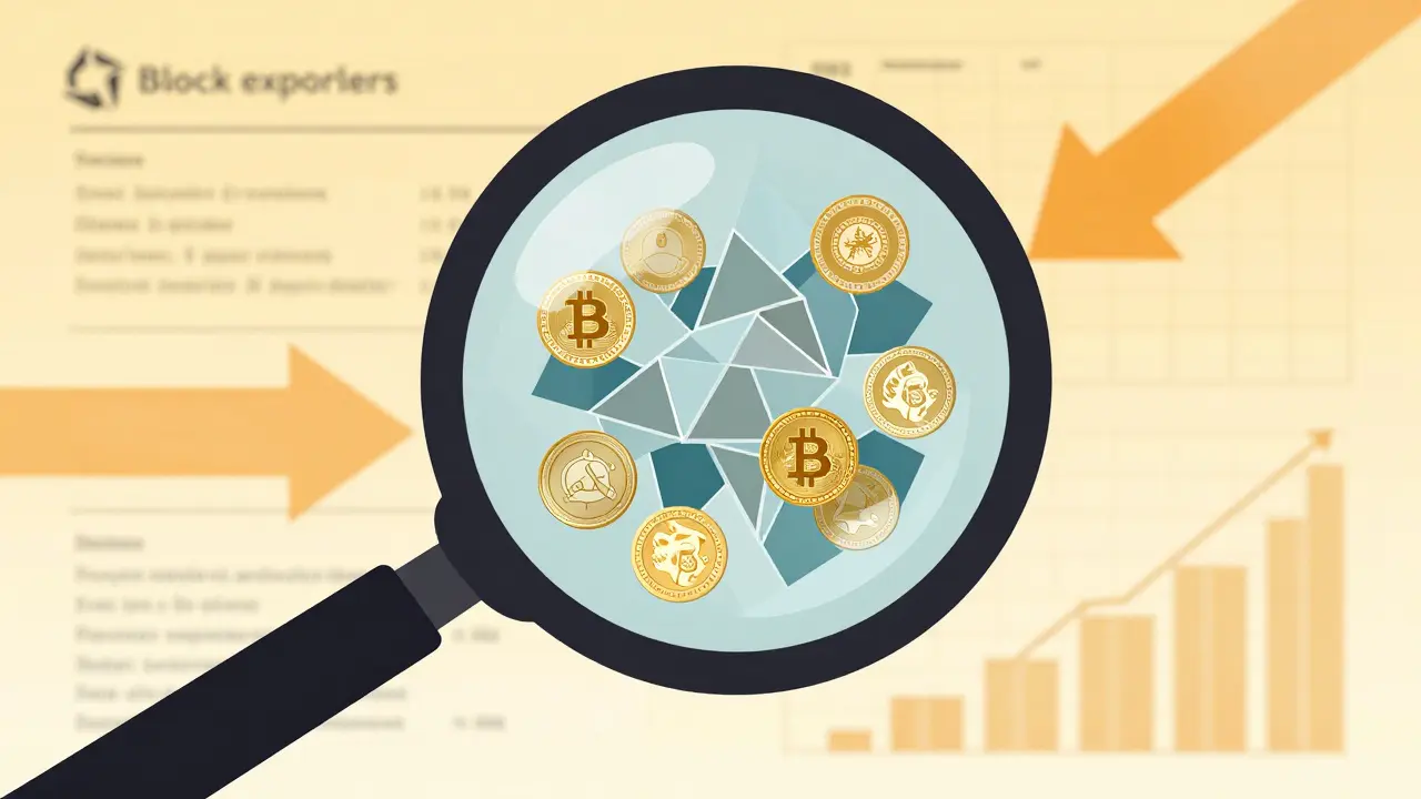 Constructivist art showing a magnifying glass verifying crypto token legitimacy