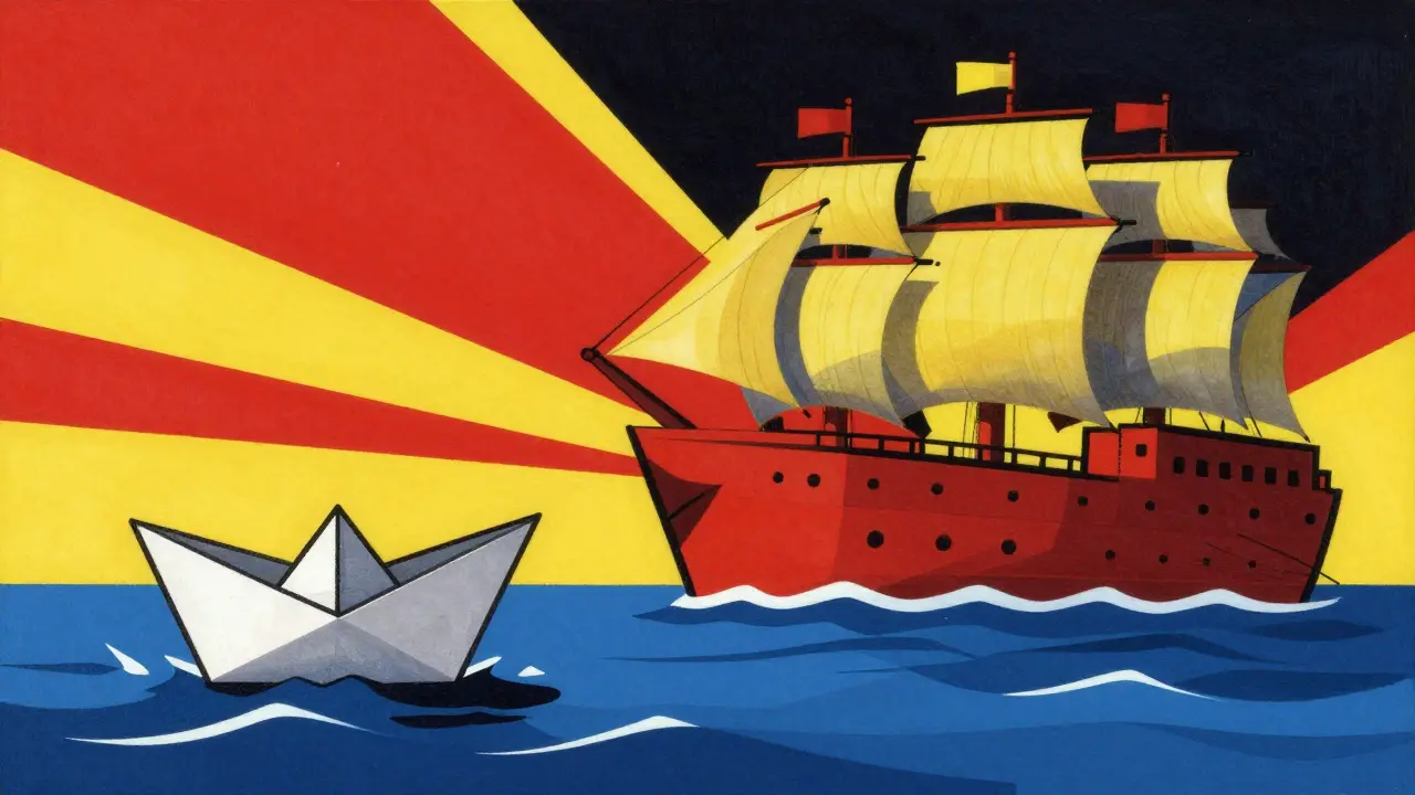 Constructivist comparison of tiny fragile boat vs massive sturdy ship