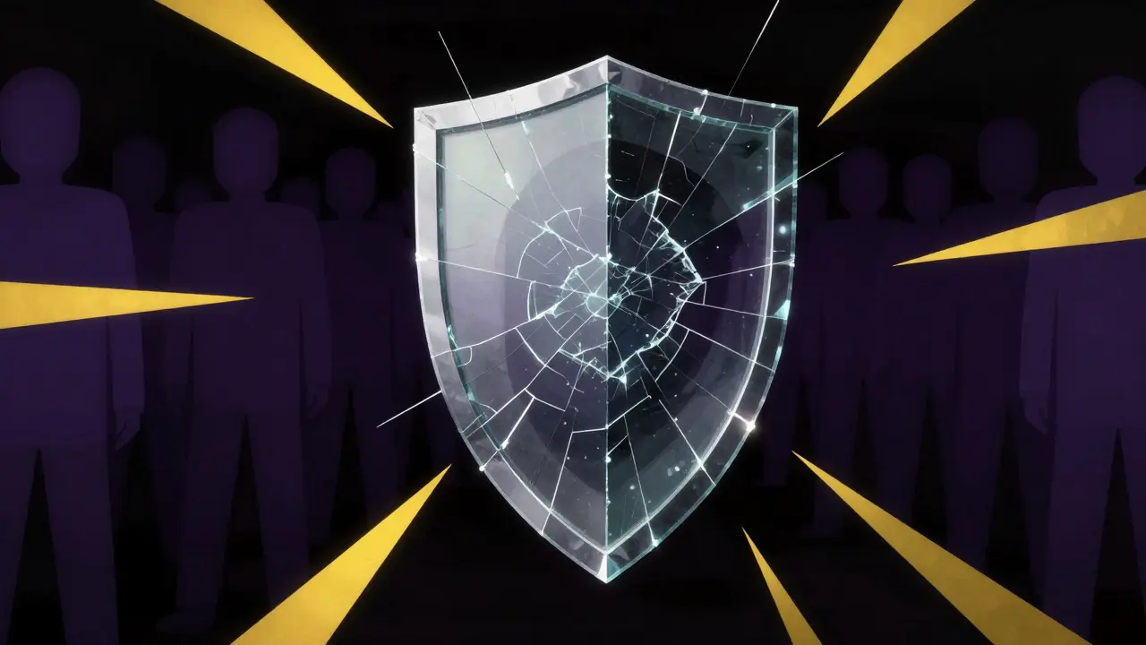 Constructivist style image of a fractured shield over shadowy figures, symbolizing risk.