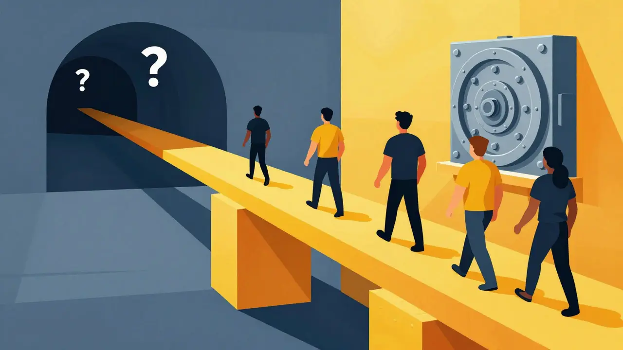 Contrast between risky tunnel and safe bridge for crypto trading, cartoon style