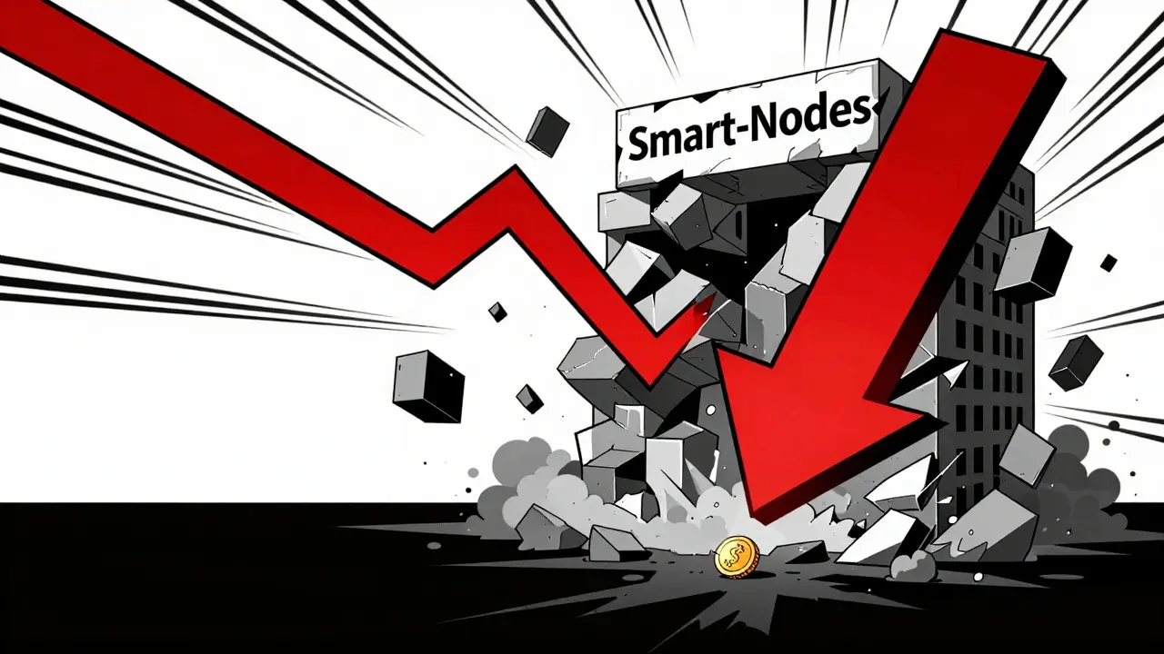 Crumbling Smart-Nodes structure with downward price arrow