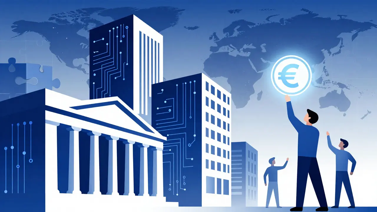 Geometric art depicting the rise of European bank-backed stablecoins