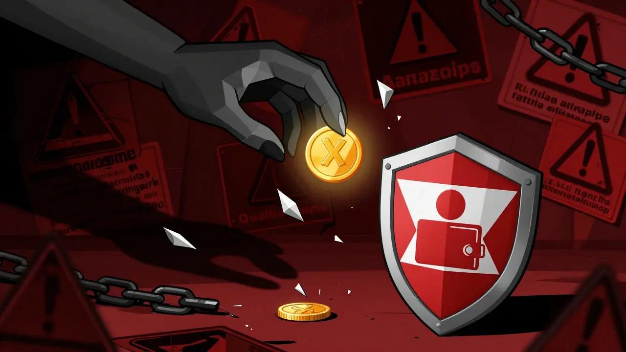 Geometric art showing a dark hand trying to steal a coin while a triangular shield protects a wallet.