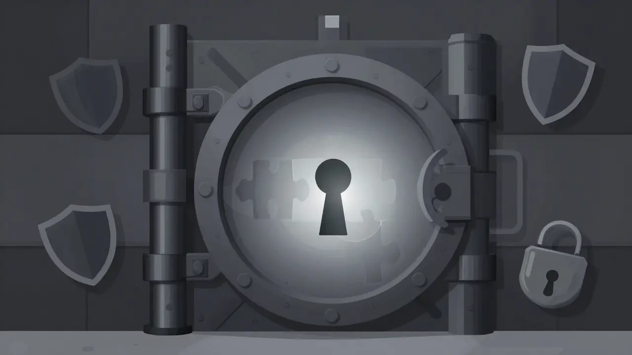 Geometric art showing a secure vault with obscured details and risks