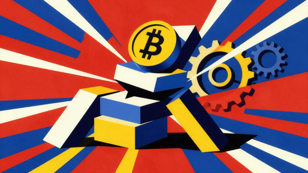 Geometric blocks tilting and breaking apart, symbolizing financial insolvency and risk.