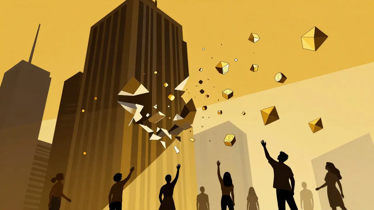 Geometric building breaking into floating gold tokens representing asset tokenization.