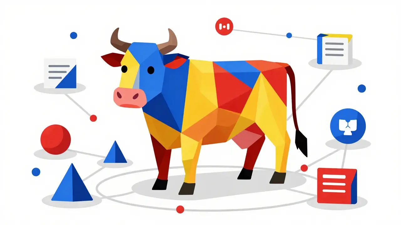 Geometric cow illustration representing the Cow Cow NFT ecosystem in constructivist style