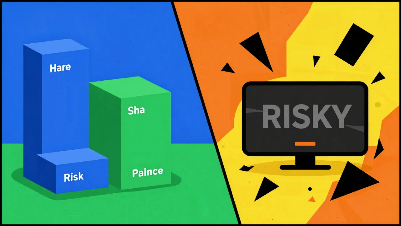 Geometric illustration comparing stable blue structures with chaotic orange fragments for safety.