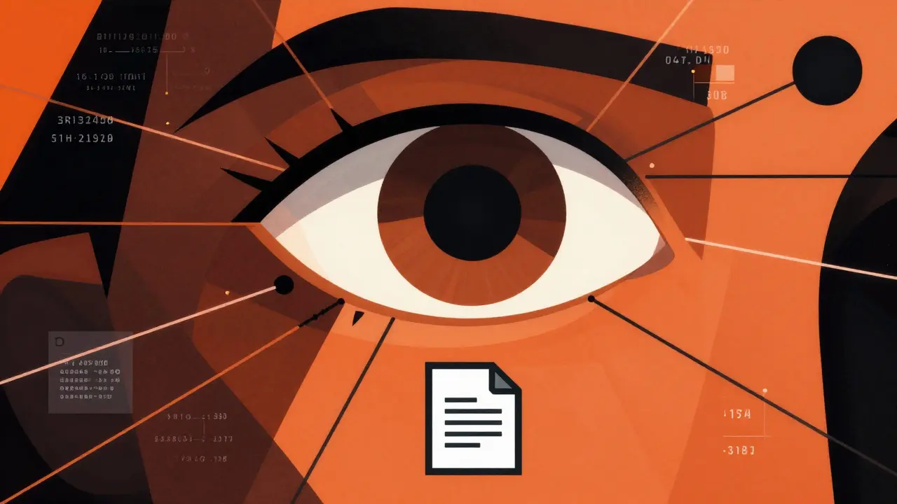 Geometric illustration of an eye tracking a document via data lines.